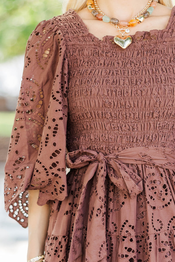 Rich Moment Brown Eyelet Midi Dress