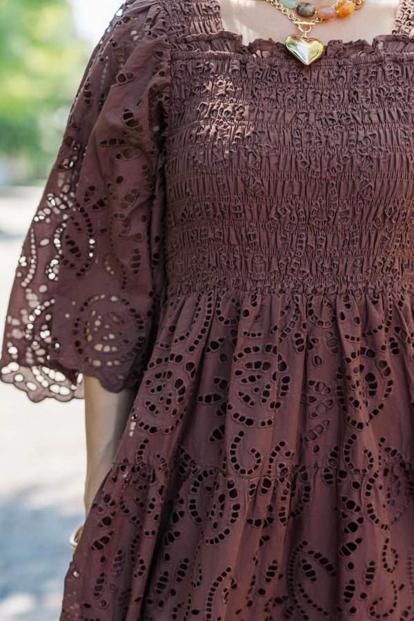 Rich Moment Brown Eyelet Midi Dress