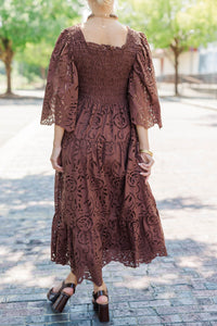 Rich Moment Brown Eyelet Midi Dress