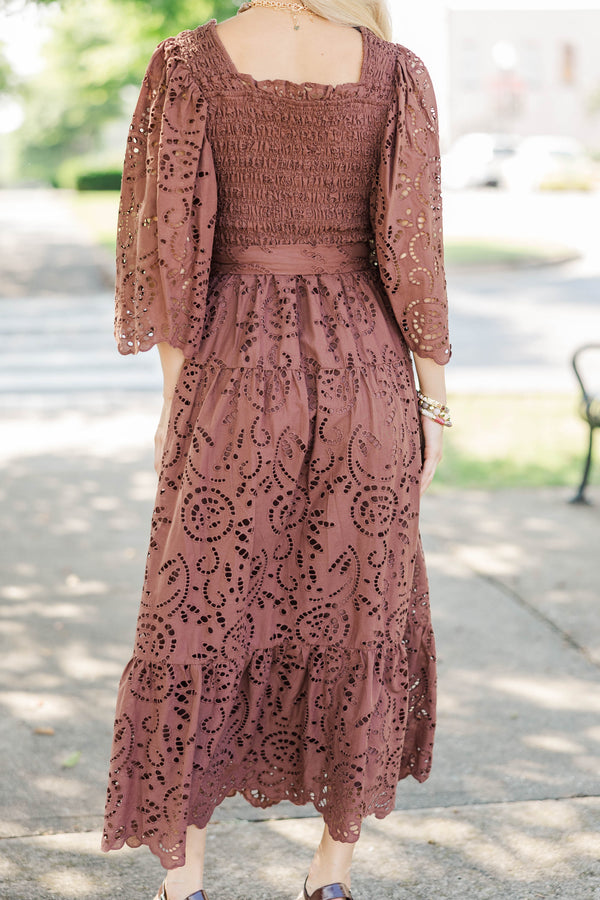 Rich Moment Brown Eyelet Midi Dress