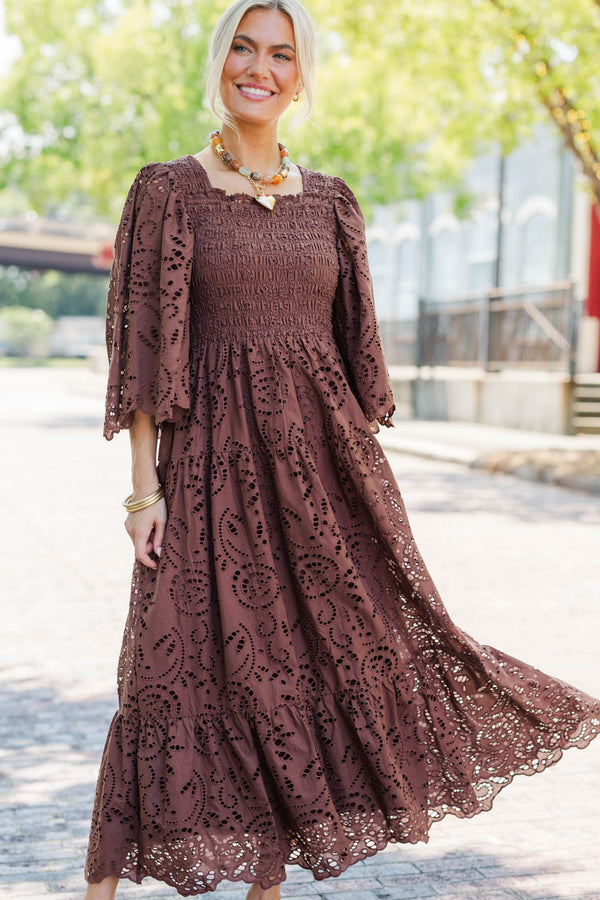 Rich Moment Brown Eyelet Midi Dress