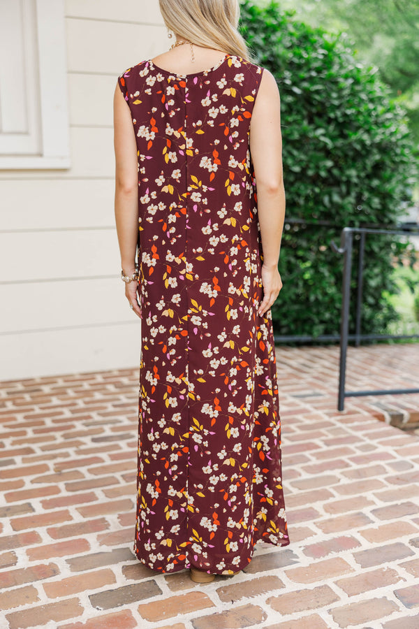 Tender Glow Brown Floral Scoop Neck Maxi