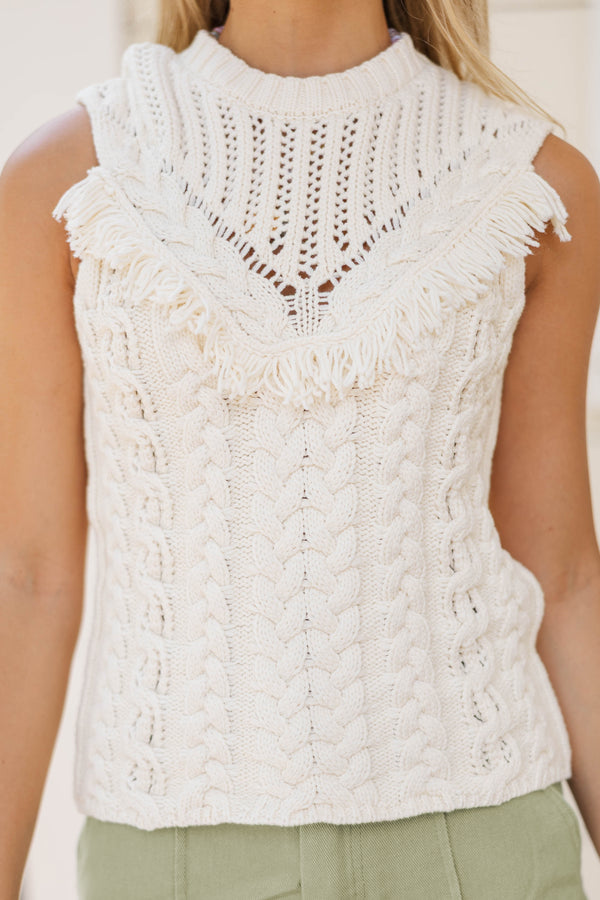 Falling Into Place Cream Fringe Sweater