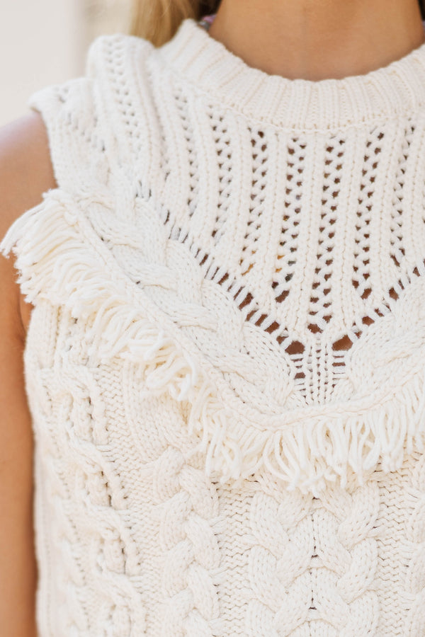 Falling Into Place Cream Fringe Sweater