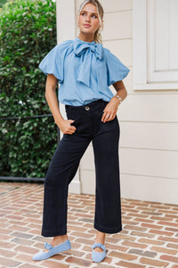 She Means Business Blue Chambray Bow Blouse