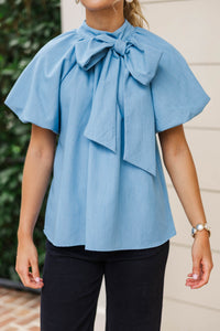 She Means Business Blue Chambray Bow Blouse