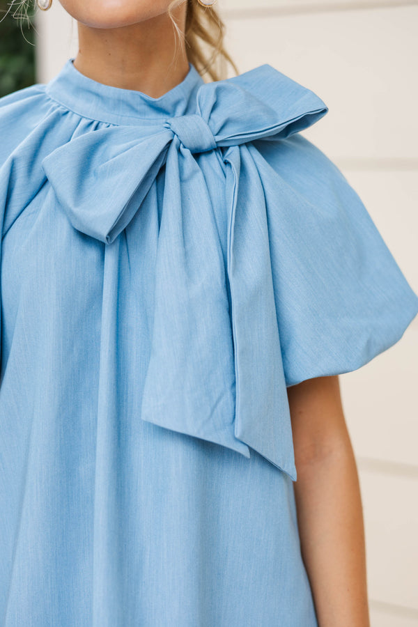 She Means Business Blue Chambray Bow Blouse