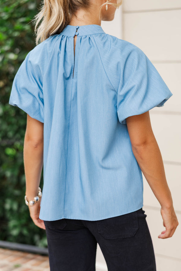 She Means Business Blue Chambray Bow Blouse