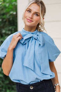 She Means Business Blue Chambray Bow Blouse