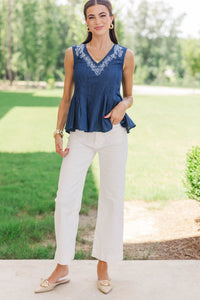 Just Perfect Navy Embroidered Blouse