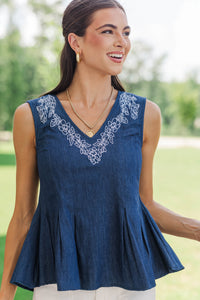 Just Perfect Navy Embroidered Blouse