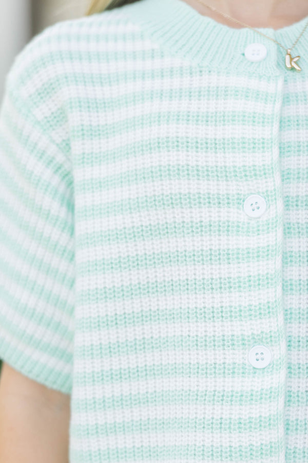 Girls: Top Of Class Mint Striped Short Sleeve Cardigan