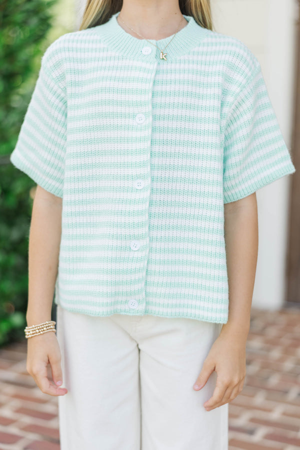 Girls: Top Of Class Mint Striped Short Sleeve Cardigan