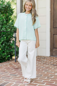 Girls: Top Of Class Mint Striped Short Sleeve Cardigan