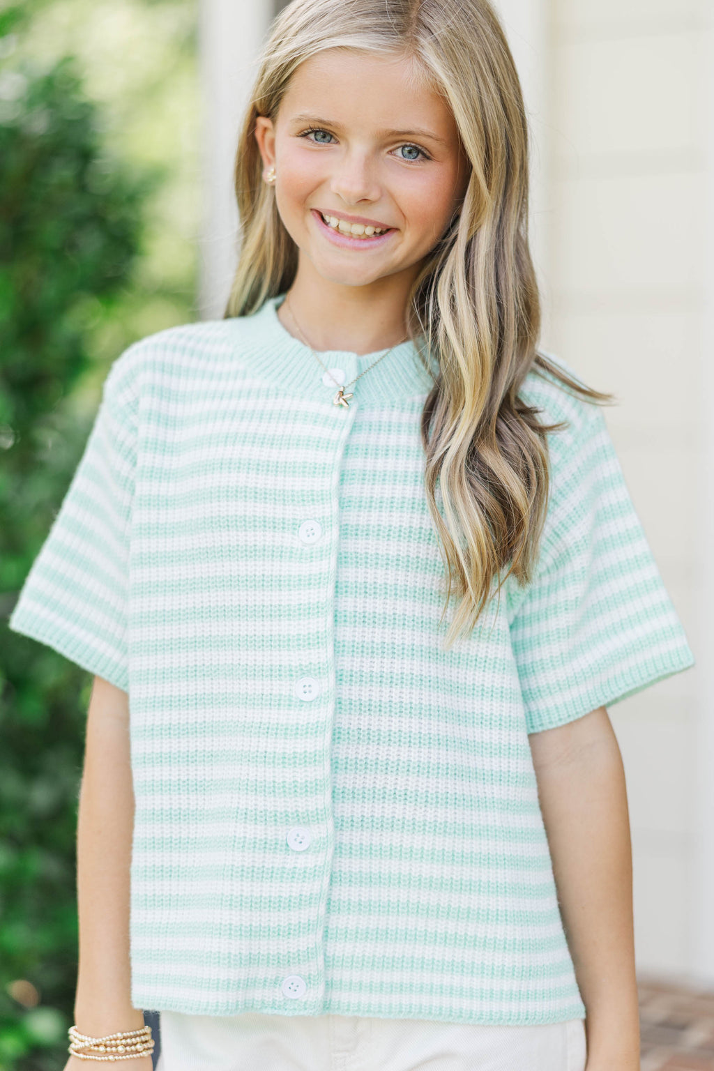 Girls: Top Of Class Mint Striped Short Sleeve Cardigan – Shop the Mint