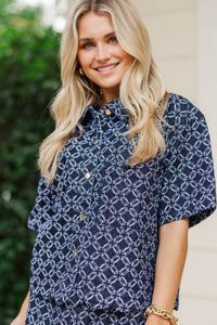 In It To Win It Navy Football Embroidered Denim Blouse