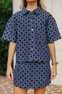 In It To Win It Navy Football Embroidered Denim Blouse