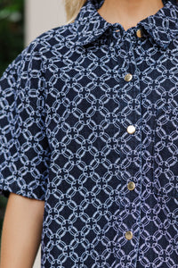In It To Win It Navy Football Embroidered Denim Blouse