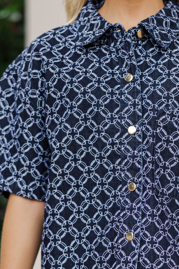 In It To Win It Navy Football Embroidered Denim Blouse