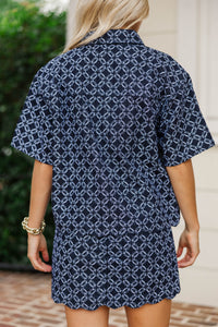 In It To Win It Navy Football Embroidered Denim Blouse