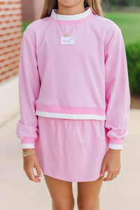 Girls: Fast Track Pink Cropped Mockneck Patch Pullover
