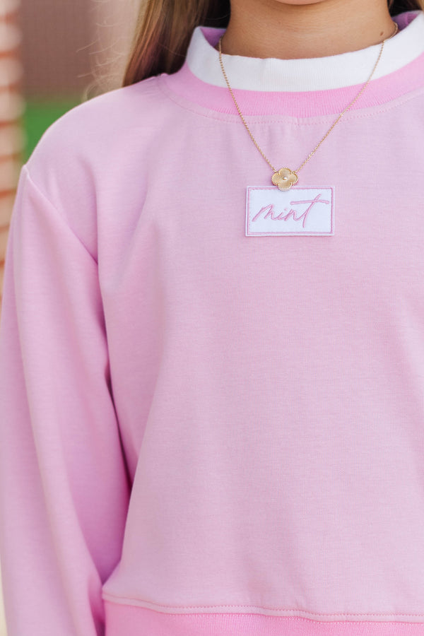 Girls: Fast Track Pink Cropped Mockneck Patch Pullover
