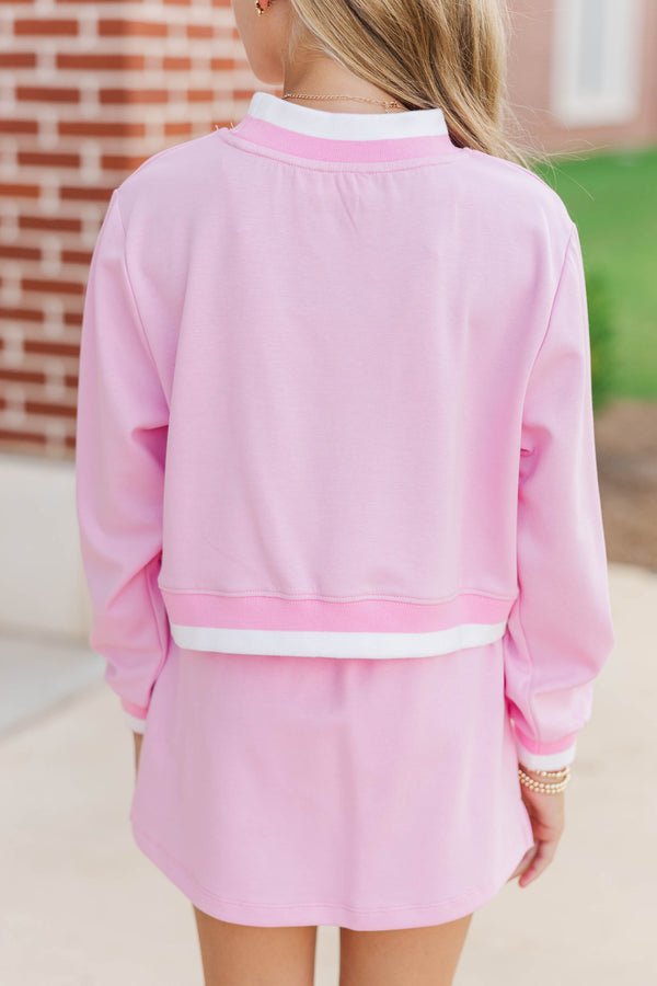 Girls: Fast Track Pink Cropped Mockneck Patch Pullover