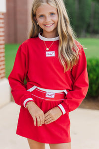 Girls: Fast Track Red Cropped Mockneck Patch Pullover
