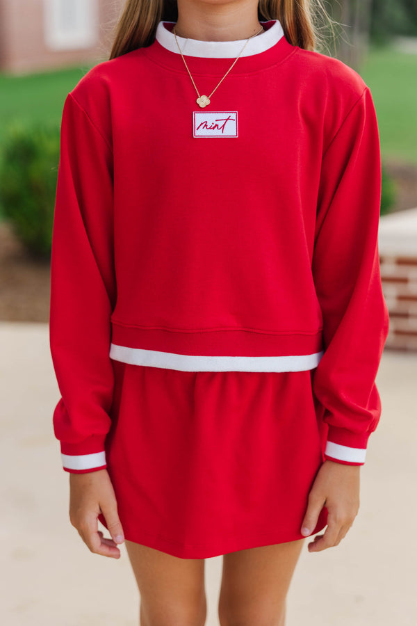 Girls: Fast Track Red Cropped Mockneck Patch Pullover