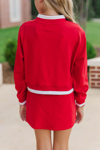Girls: Fast Track Red Cropped Mockneck Patch Pullover