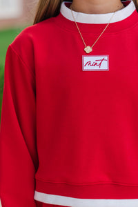 Girls: Fast Track Red Cropped Mockneck Patch Pullover