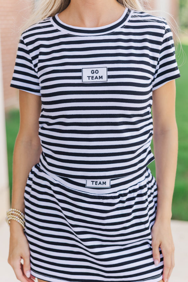 Rally Girl Black Striped Go Team Patch Top