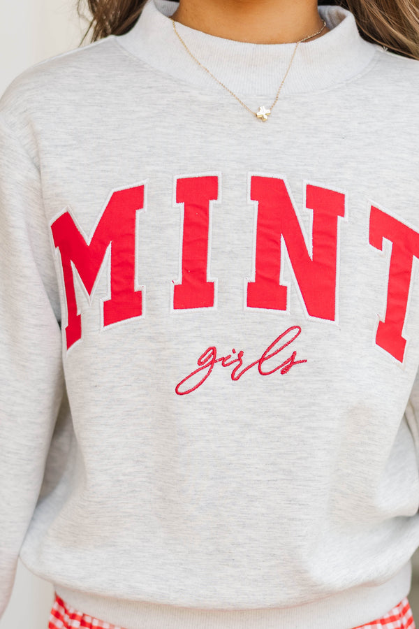Girls: The Mint Heather Gray & Red Mock Neck Sweatshirt