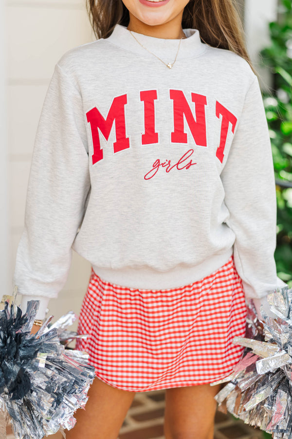 Girls: The Mint Heather Gray & Red Mock Neck Sweatshirt