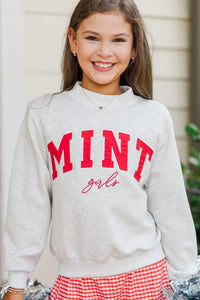 Girls: The Mint Heather Gray & Red Mock Neck Sweatshirt