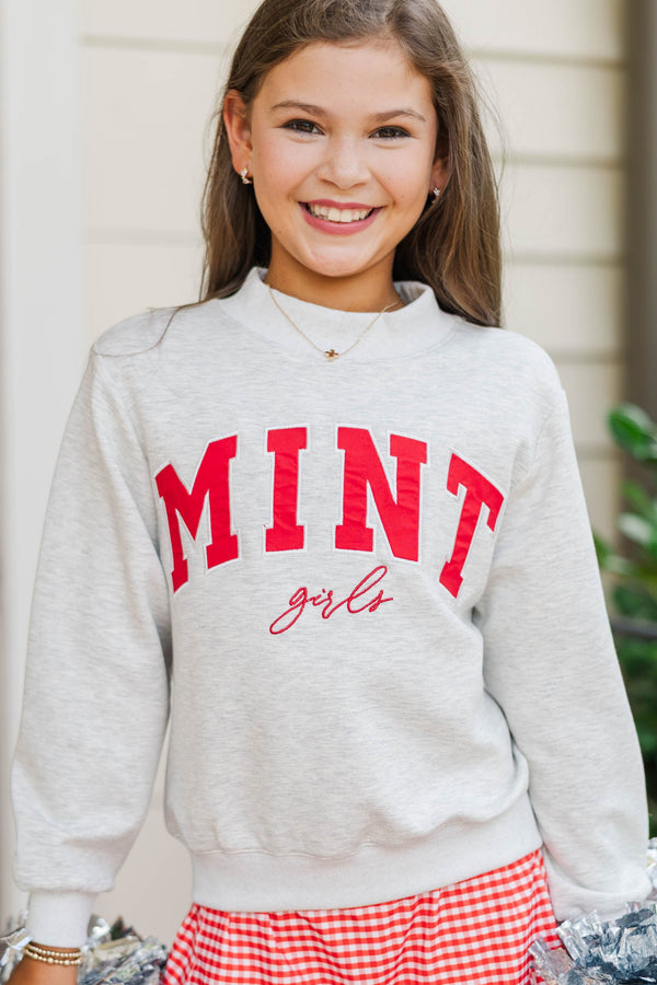 Girls: The Mint Heather Gray & Red Mock Neck Sweatshirt