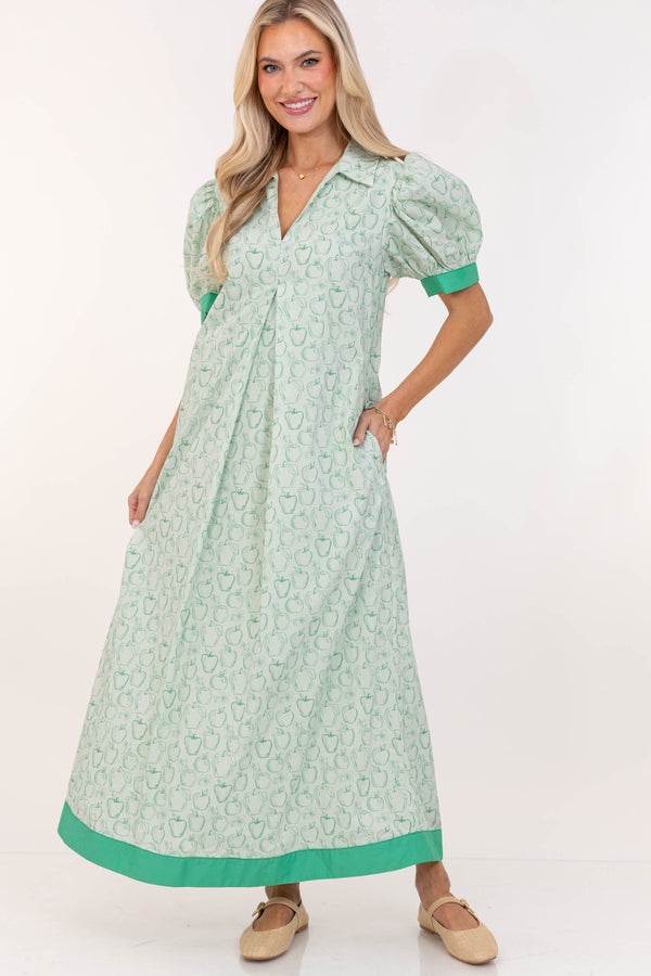 Out Of Town Green Apple Print Midi Dress, X-Small - The Mint Julep Boutique