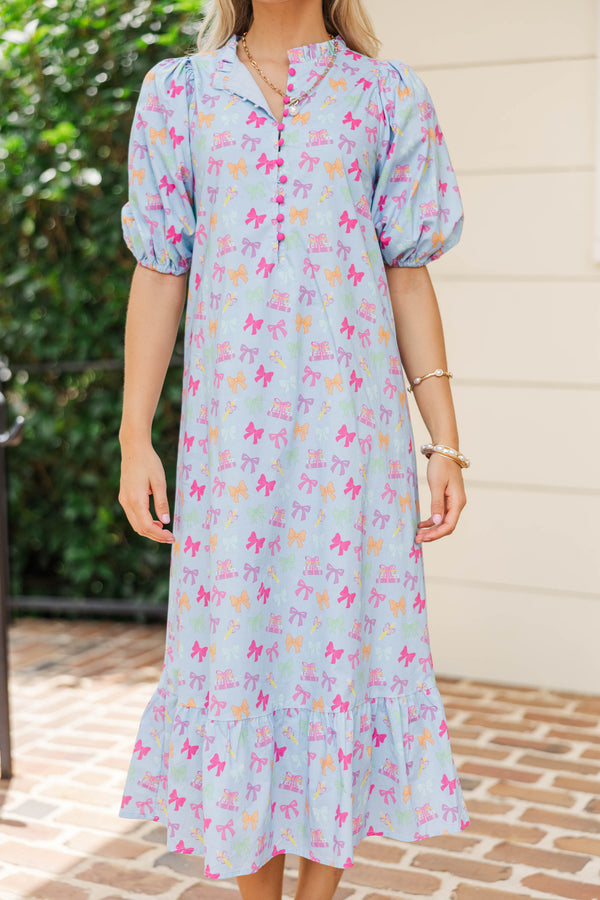 See The Light Blue Bows And Books Midi Dress