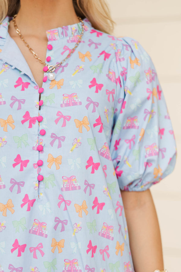 See The Light Blue Bows And Books Midi Dress