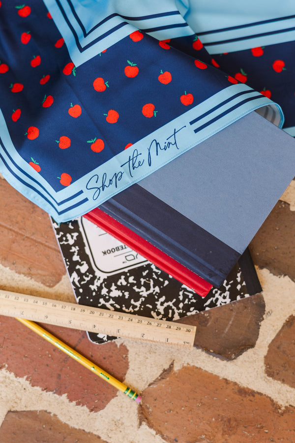 Front Of The Class Navy Blue Apple Print Neck Scarf