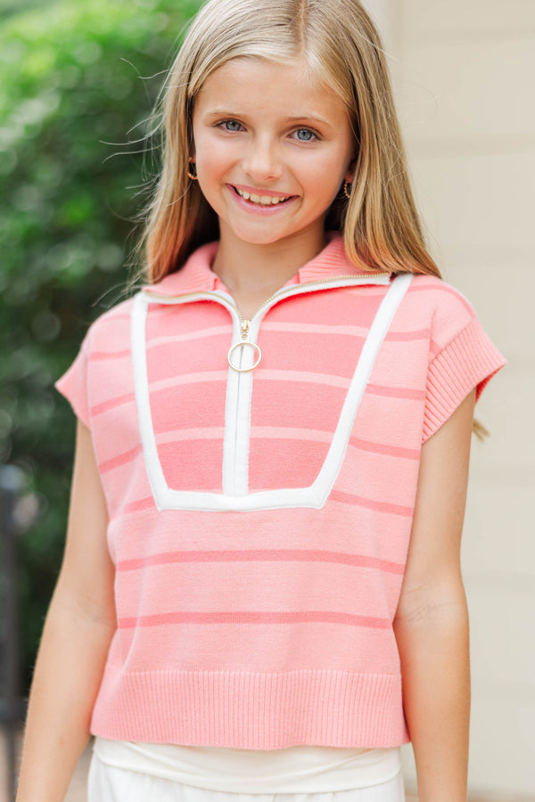 Girls: Care To Contrast Coral Striped Sweater