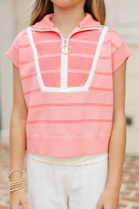 Girls: Care To Contrast Coral Striped Sweater