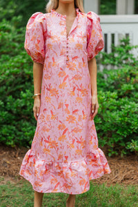 See The Light Pink/Orange Brocade Midi Dress