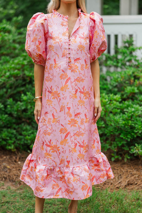 See The Light Pink/Orange Brocade Midi Dress