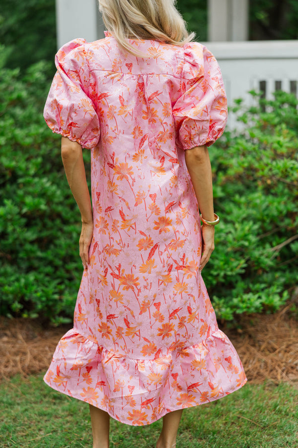 See The Light Pink/Orange Brocade Midi Dress