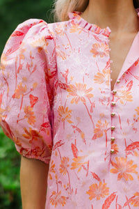 See The Light Pink/Orange Brocade Midi Dress