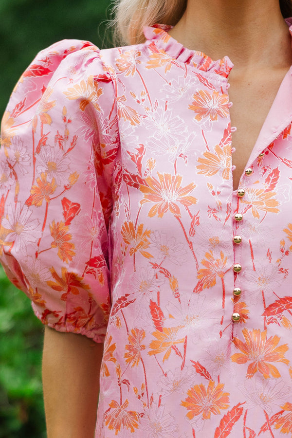 See The Light Pink/Orange Brocade Midi Dress