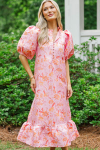 See The Light Pink/Orange Brocade Midi Dress