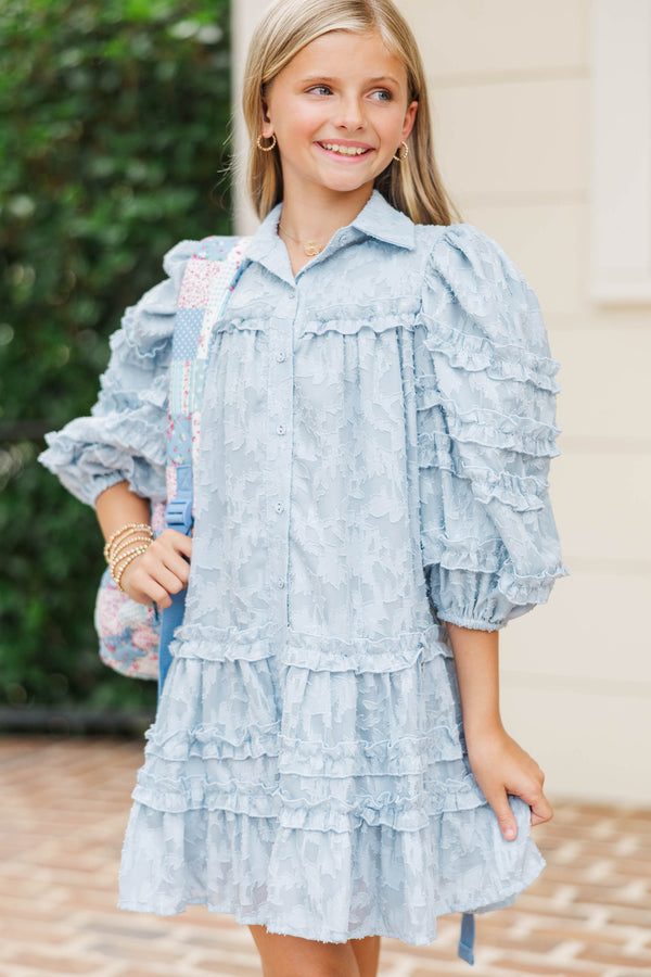 Girls: Just Keep It Up Light Blue Textured Ruffled Dress