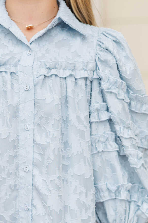 Girls: Just Keep It Up Light Blue Textured Ruffled Dress